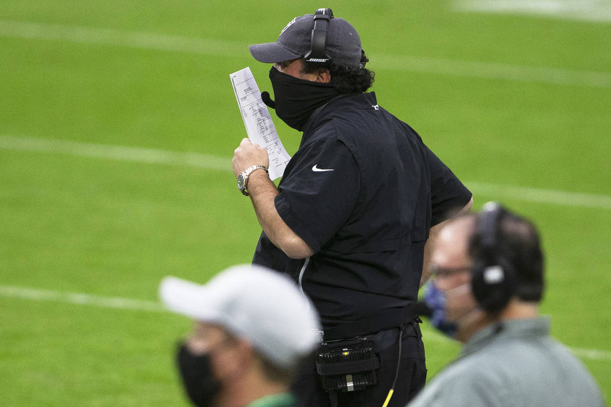 Las Vegas Raiders defensive coordinator Paul Guenther calls plays from the sideline during the ...