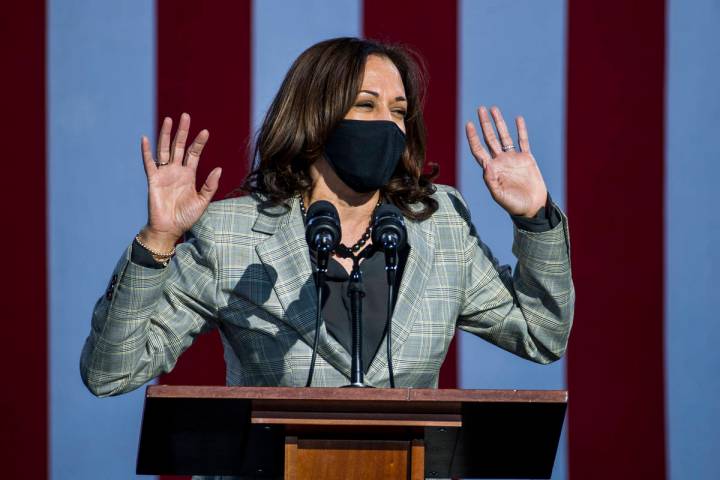 Democratic vice presidential nominee Kamala Harris talks about Nevada during a drive-in rally a ...