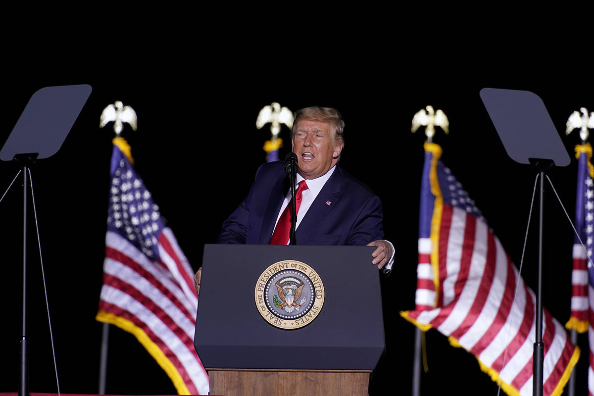 President Donald Trump speaks at a rally at Minden-Tahoe Airport in Minden on Saturday, Sept. 1 ...