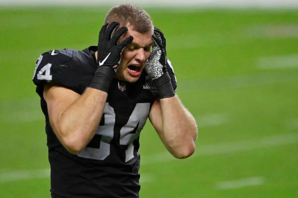 Las Vegas Raiders defensive end Carl Nassib (94) reacts after the Las Vegas Raiders lost to the ...