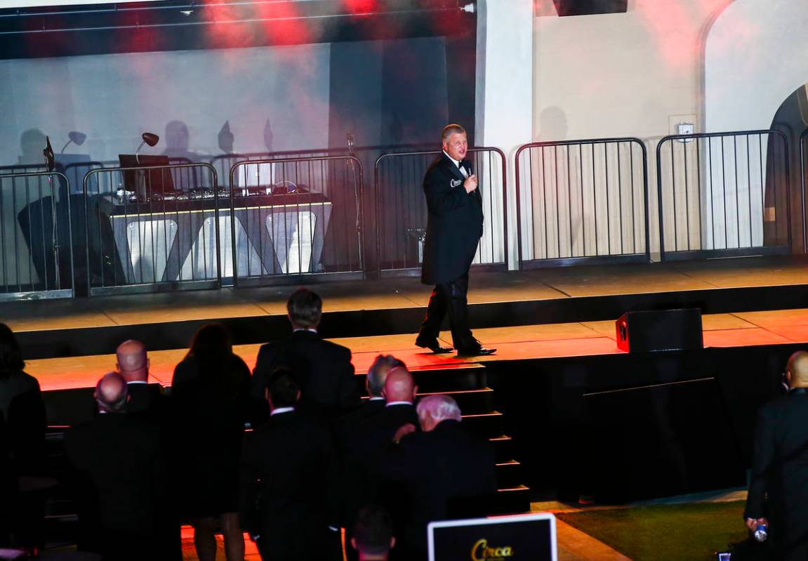 Circa owner Derek Stevens speaks at Stadium Swim during the VIP black-tie grand opening event i ...