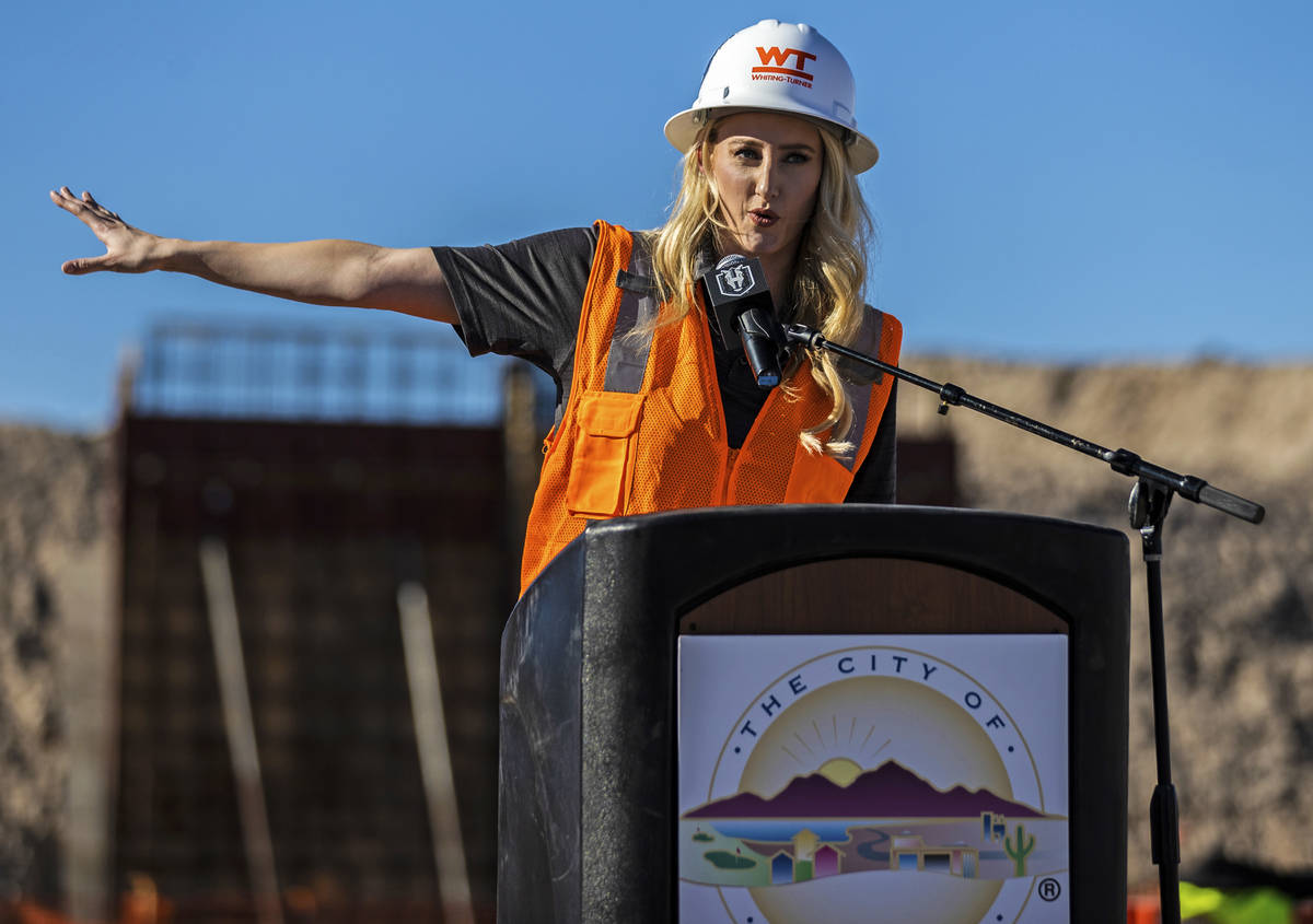 Golden Knights rinkside reporter Stormy Buonantony speaks during a construction event hosted by ...