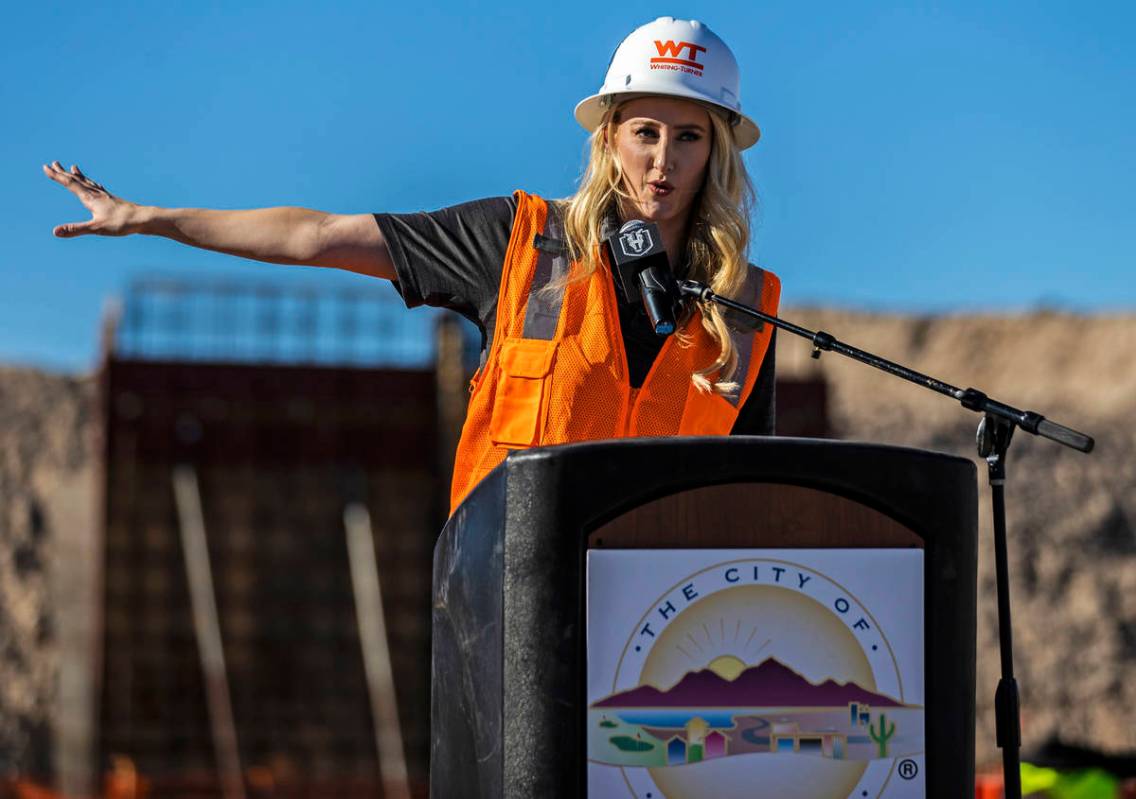 Golden Knights rinkside reporter Stormy Buonantony speaks during a construction event hosted by ...