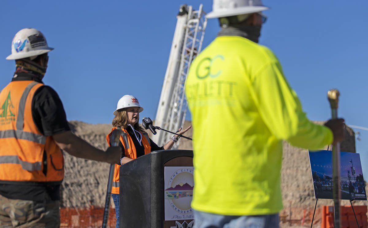Henderson Mayor Debra March speaks during a construction event hosted by the Henderson Silver K ...