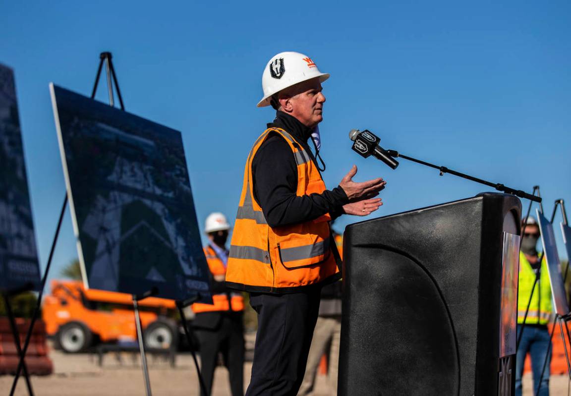 Vegas Golden Knights President Kerry Bubolz speaks during a construction event hosted by the He ...