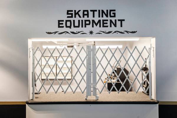 The skating equipment room at the Golden Knights' Lifeguard Arena on Monday, Oct. 26, 2020, in ...