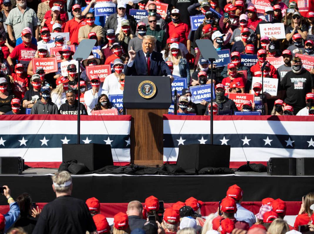 President Donald Trump speaks during Make America Great Again victory rally at Laughlin/Bullhea ...