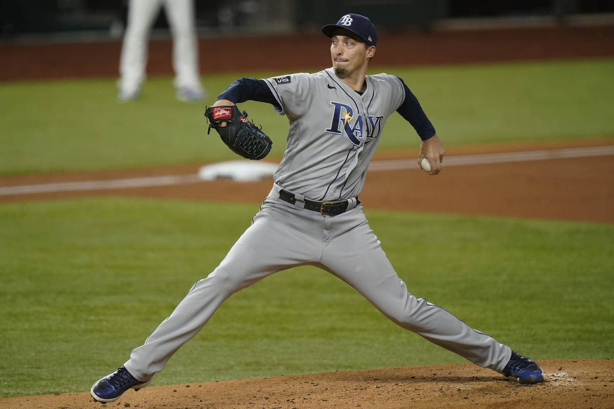 Tampa Bay Rays starting pitcher Blake Snell throws against the Los Angeles Dodgers during the f ...