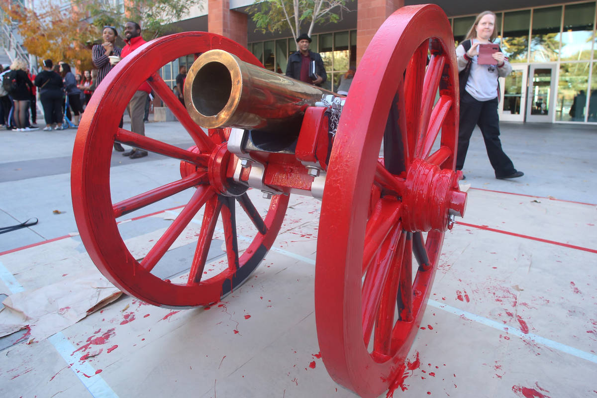 The Fremont Cannon is displayed after being painted red outside of the Student Union at UNLV on ...