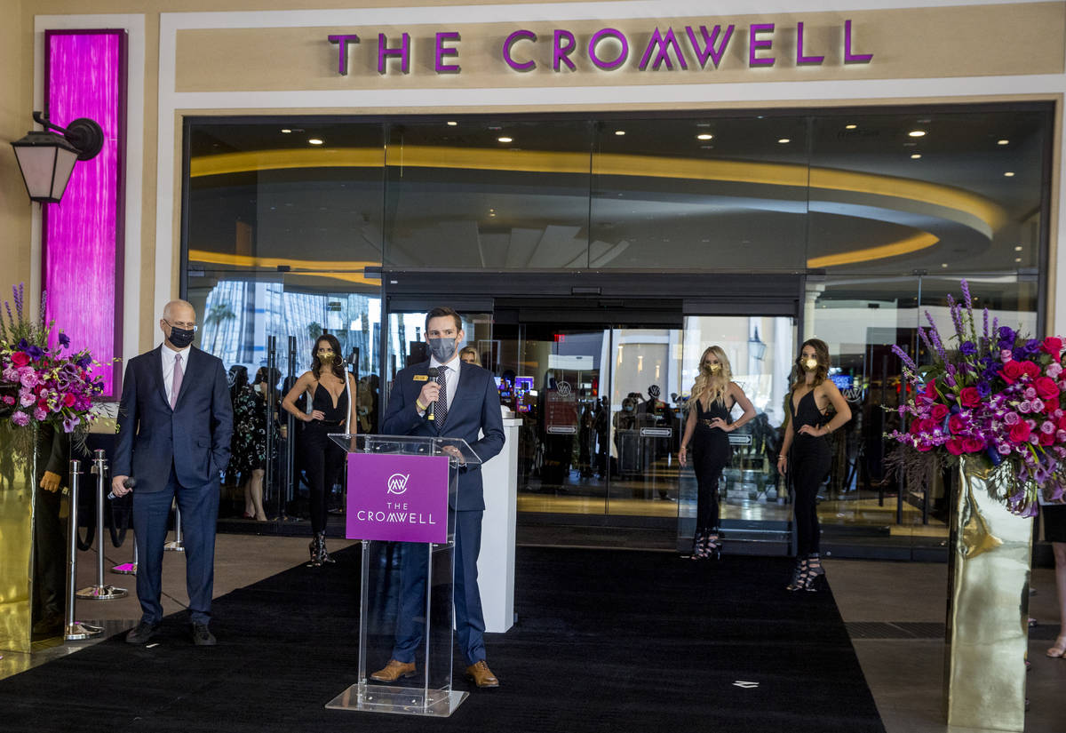 Ken Janssen, center, senior Vice President and general manager for the The Cromwell, speaks dur ...