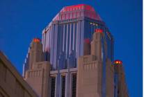 Smith Center for the Performing Arts tests of red lights at the bell tower at for the We Make E ...