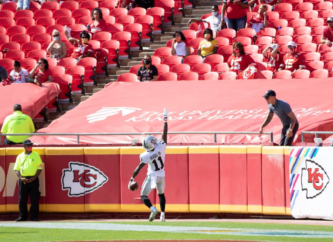 Las Vegas Raiders wide receiver Henry Ruggs III (11) celebrates his touchdown score during the ...