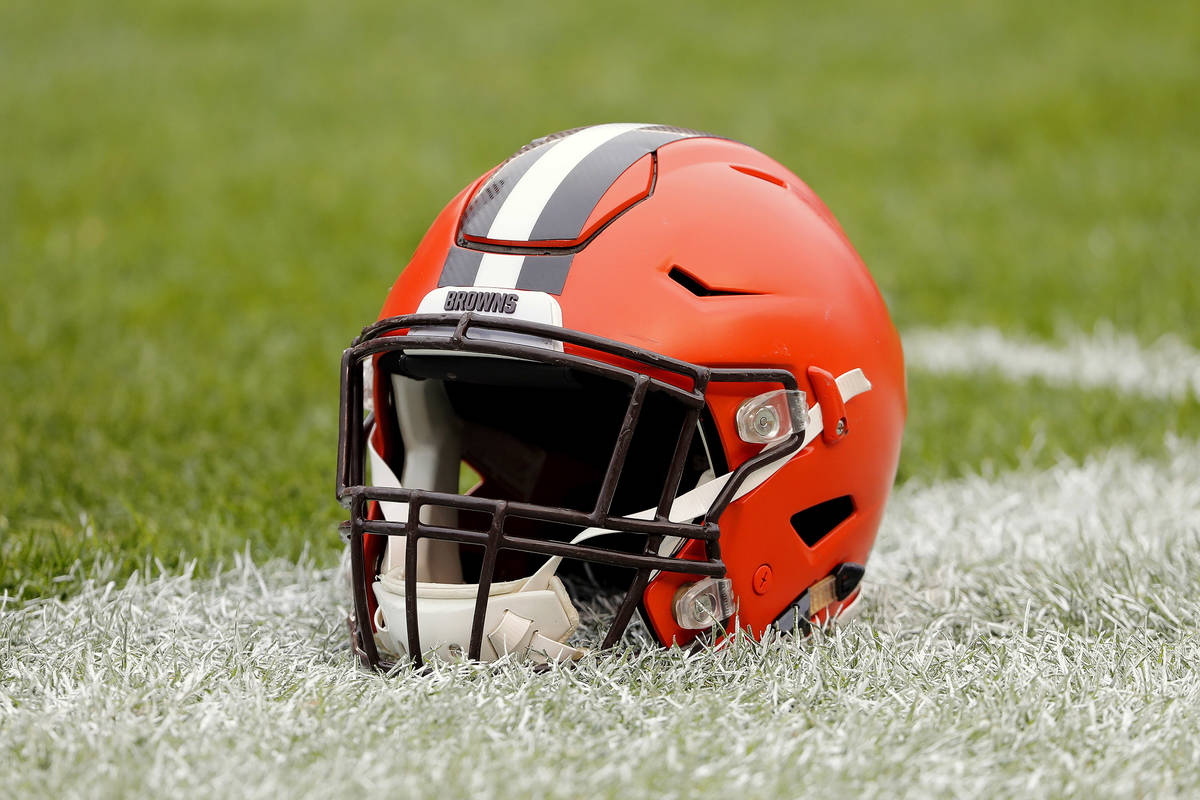 A Cleveland Browns helmet is seen before an NFL football game between the Pittsburgh Steelers a ...