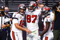 Tampa Bay Buccaneers tight end Rob Gronkowski (87) celebrates his touchdown against the Las Veg ...