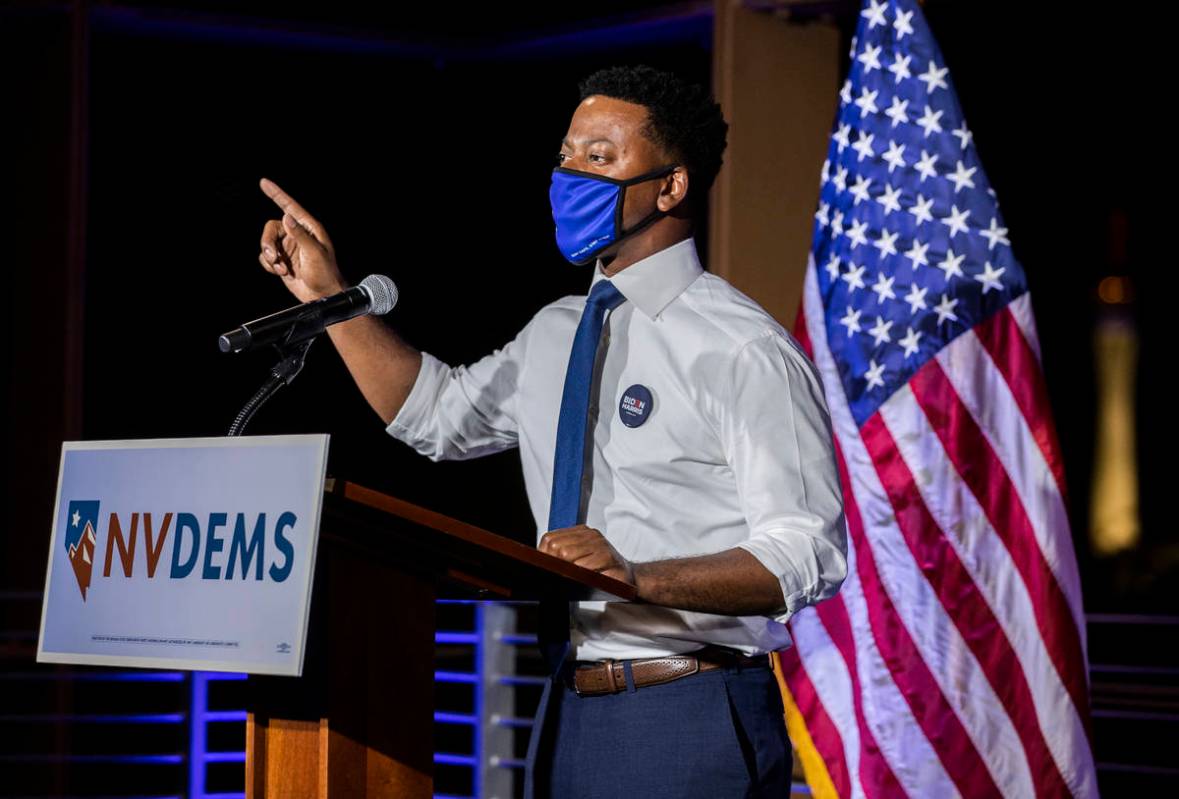 Assemblyman William McCurdy II, chairman of the Nevada Democrats, speaks during an election eve ...