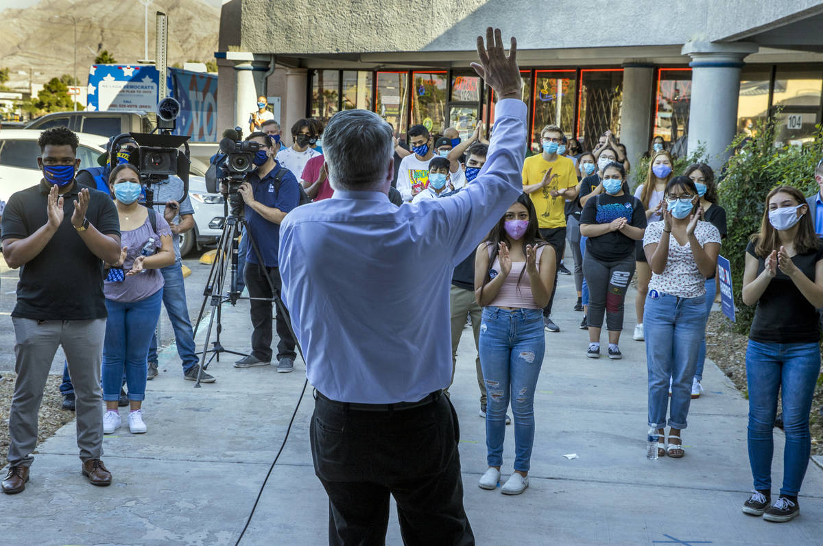 Gov. Steve Sisolak speaks to the crowd gathered during an event at the Biden Voter Activation C ...