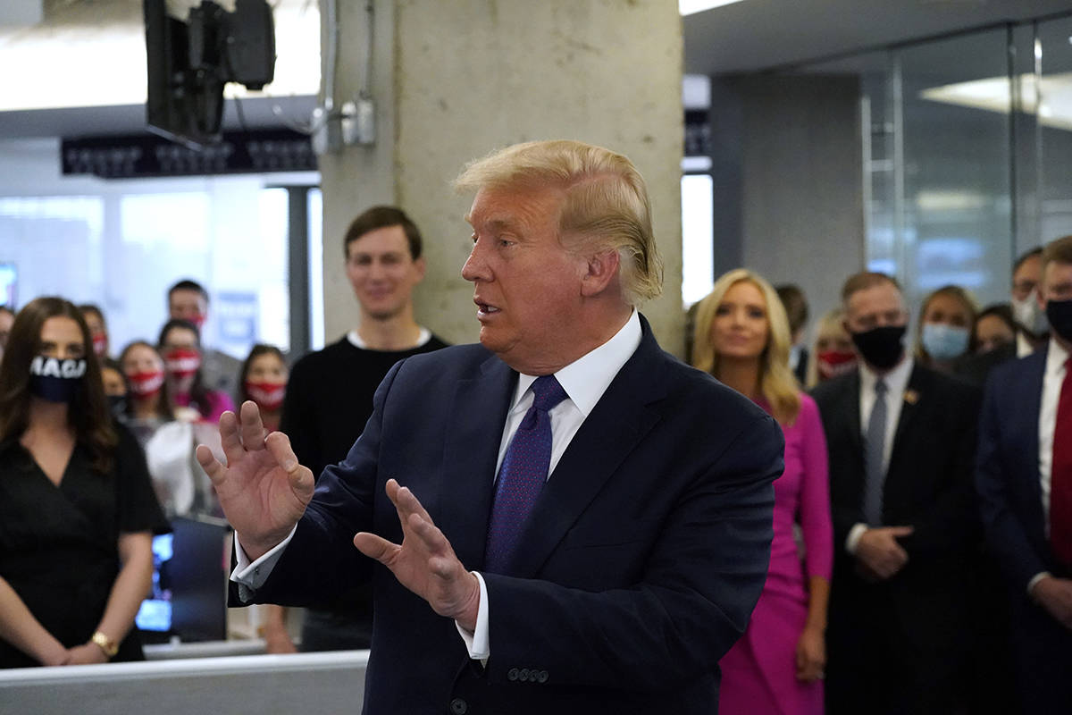 President Donald Trump speaks at the Trump campaign headquarters on Election Day, Tuesday, Nov. ...