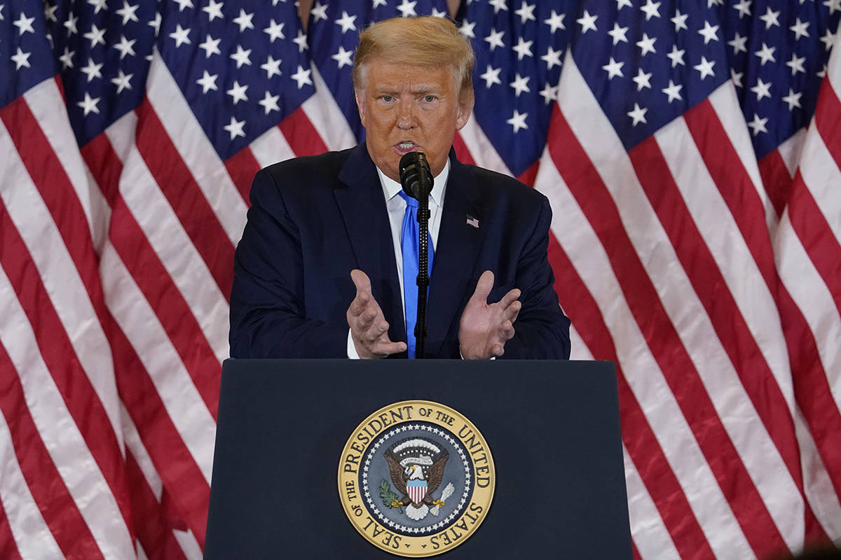 President Donald Trump speaks in the East Room of the White House, early Wednesday, Nov. 4, 202 ...