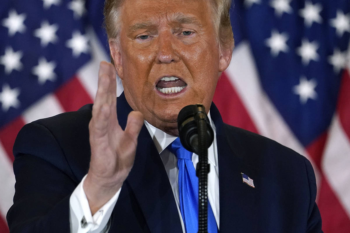 President Donald Trump speaks in the East Room of the White House, early Wednesday, Nov. 4, 202 ...