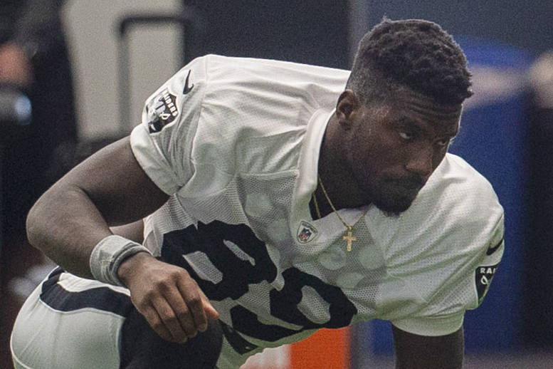 Las Vegas Raiders wide receiver Bryan Edwards (89) stretches during a practice session at the I ...