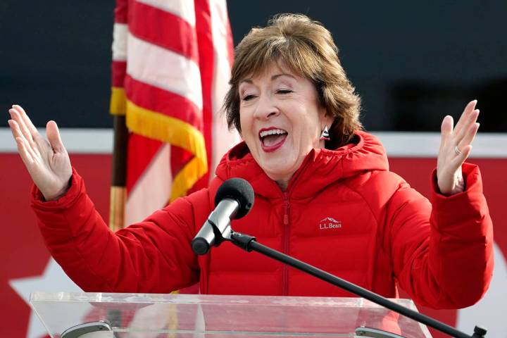 Republican Sen. Susan Collins, R-Maine, speaks on Wednesday, Nov. 4, 2020, in Bangor, Maine, af ...