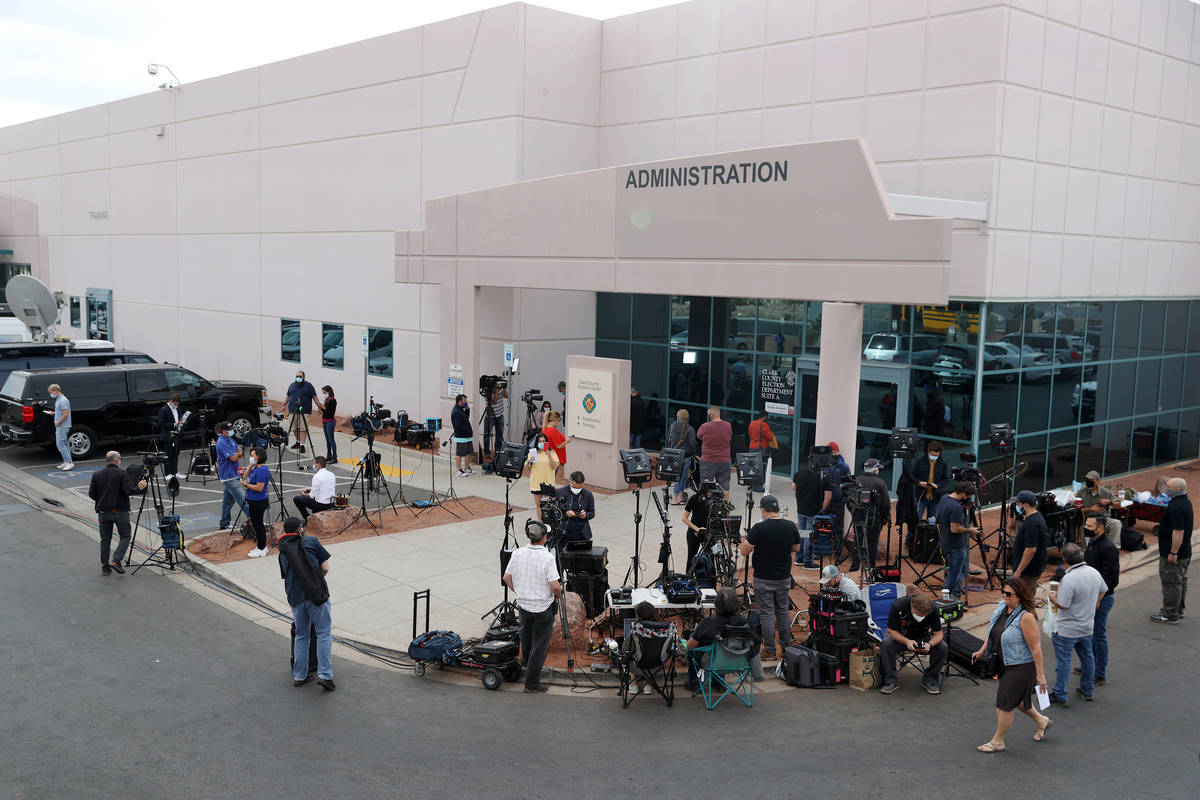 Clark County Election Department is seen while members of the press gather in North Las Vegas, ...