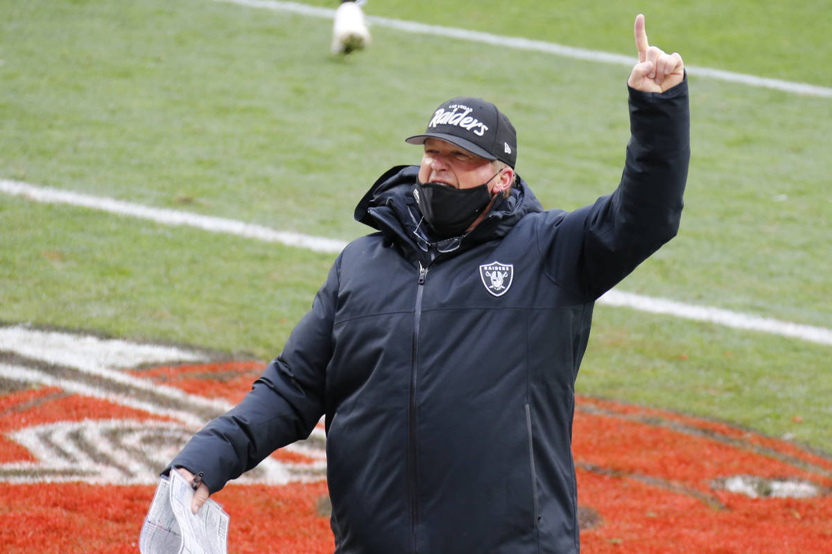 Las Vegas Raiders head coach Jon Gruden celebrates after the Raiders defeated the Cleveland Bro ...