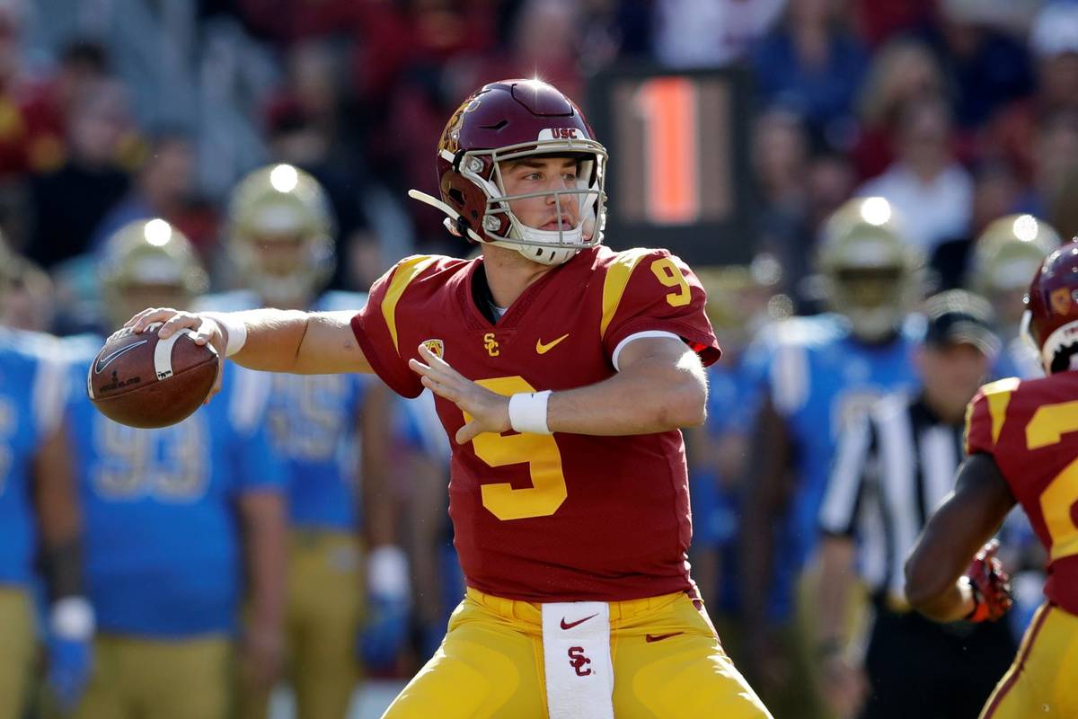 In this Nov. 23, 2019, file photo, Southern California quarterback Kedon Slovis throws against ...