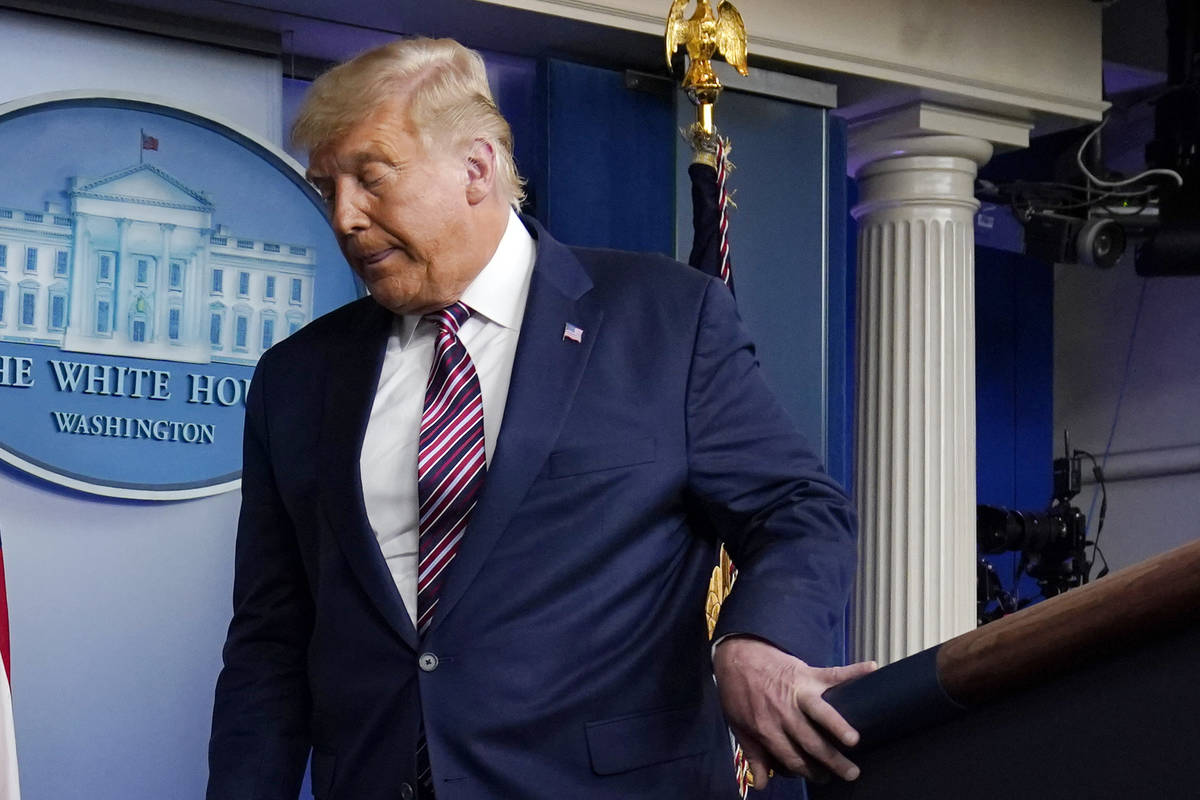 President Donald Trump leaves after speaking at the White House, Thursday, Nov. 5, 2020, in Was ...