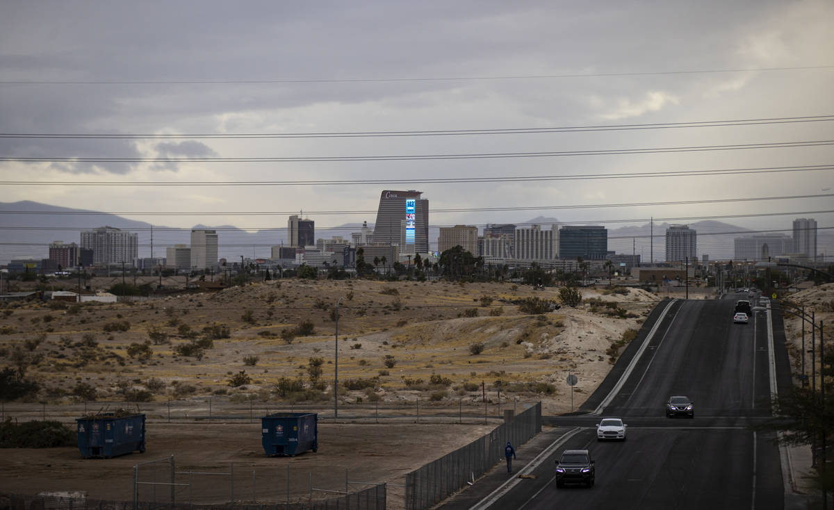 A view of the downtown Las Vegas as rain falls in the Las Vegas Valley on Saturday, Nov. 7, 202 ...