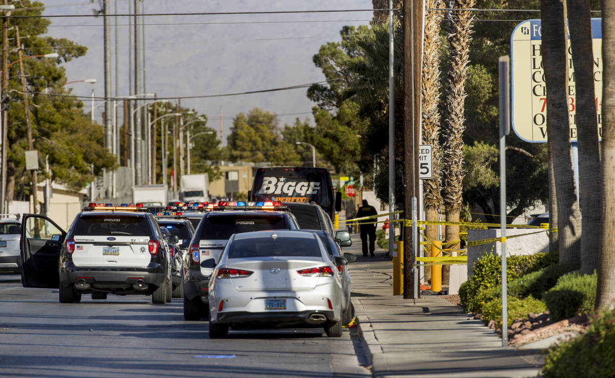 Las Vegas police investigate a homicide in the central valley near 3280 South Wynn Road on Satu ...