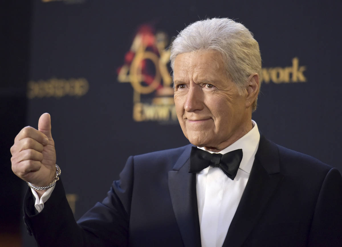 Alex Trebek poses in the press room at the 46th annual Daytime Emmy Awards at the Pasadena Civi ...