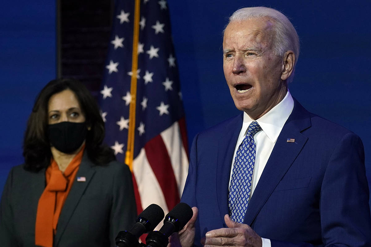 President-elect Joe Biden, joined by Vice President-elect Kamala Harris, speaks at The Queen th ...