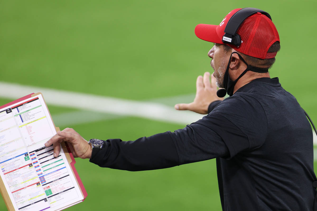 UNLV Rebels head coach Marcus Arroyo gestures to his team during the second quarter of their NC ...