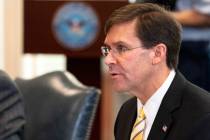 FILE - In this Oct. 8, 2020, file photo, Secretary of Defense Mark Esper speaks before a meetin ...