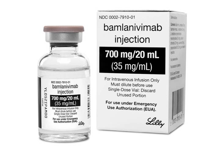 This photo provided by Eli Lilly shows the drug Bamlanivimab. On Monday, Nov. 9, 2020, the Food ...