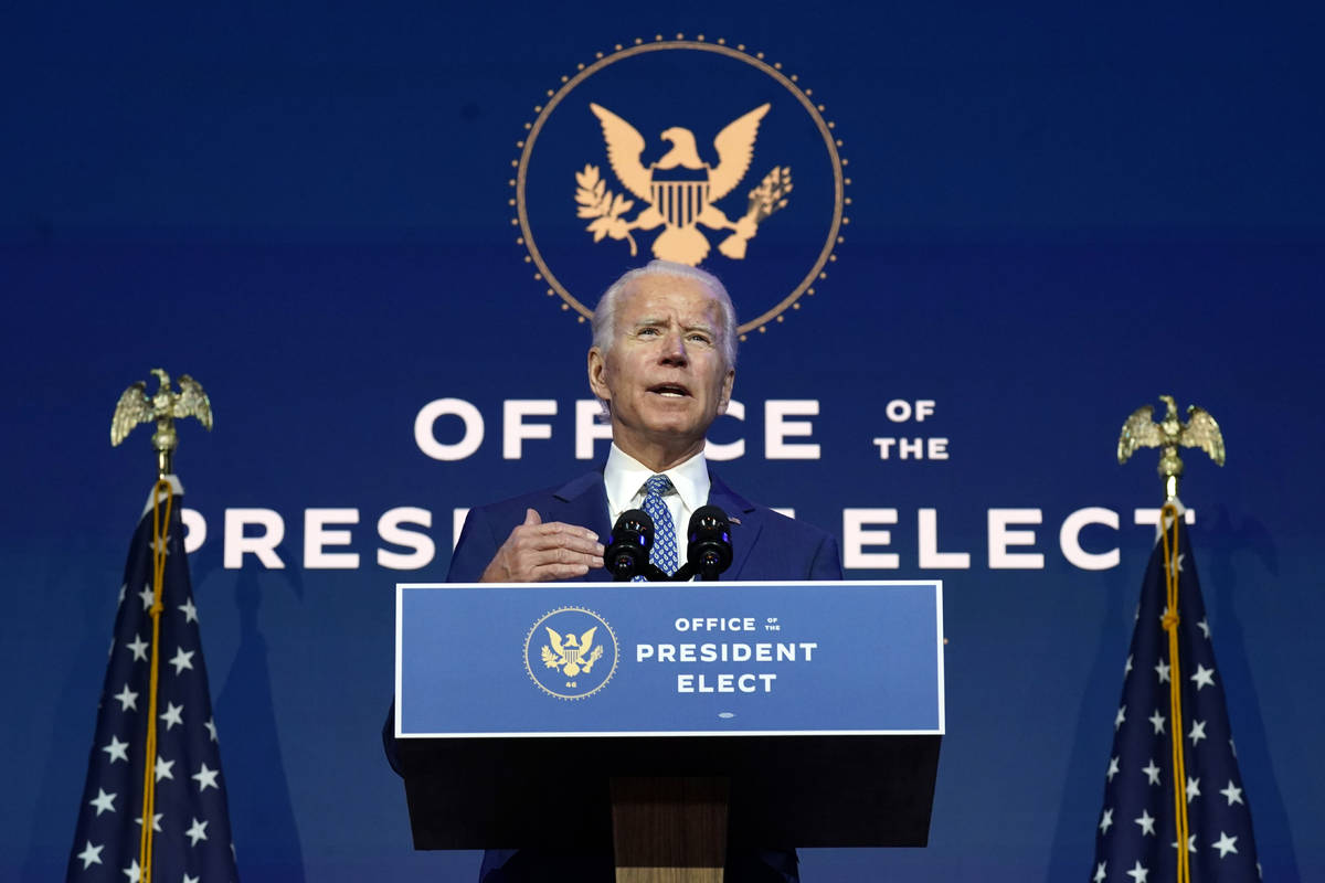 President-elect Joe Biden speaks Monday, Nov. 9, 2020, at The Queen theater in Wilmington, Del. ...