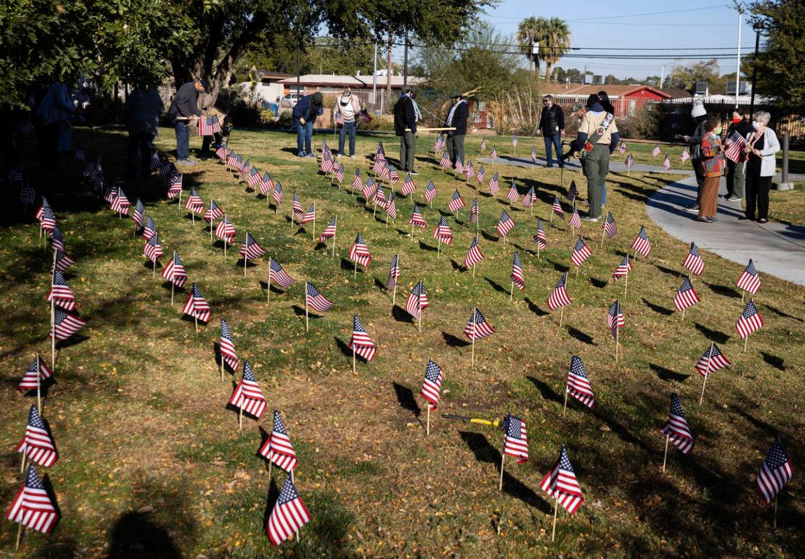 Nevada Garden Club planted 200 flags for Veterans Day at the Garden of the Pioneer Woman at Lor ...