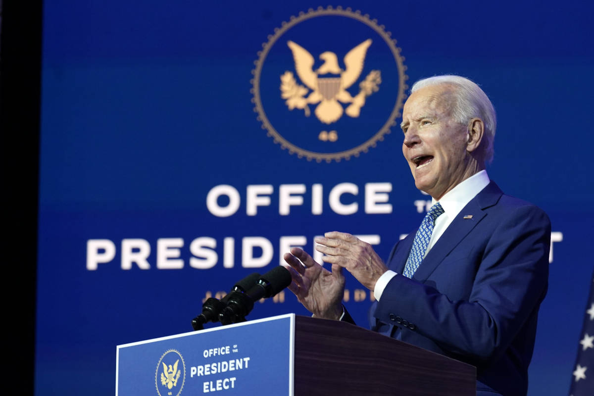 President-elect Joe Biden speaks Monday, Nov. 9, 2020, at The Queen theater in Wilmington, Del. ...