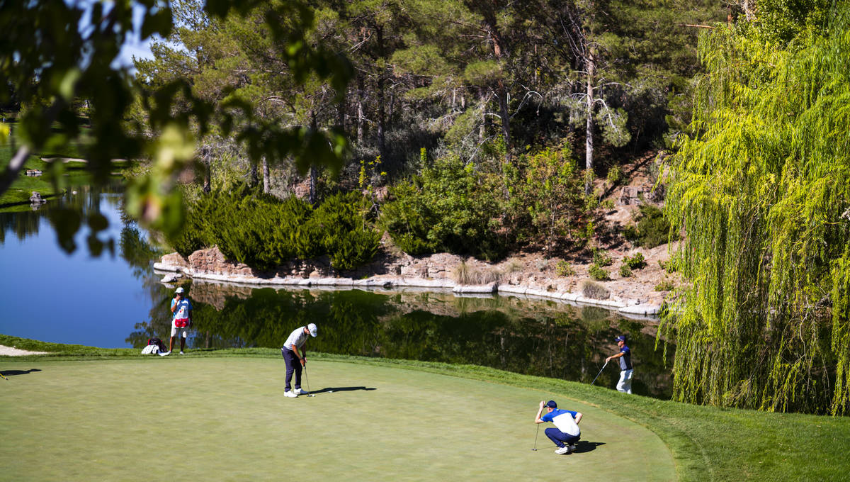 Lanto Griffin, lower left, putts on the fourth green during the third round of the CJ Cup golf ...