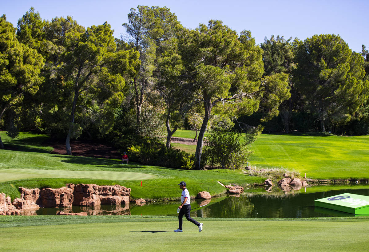 Xander Schauffele walks to the 18th green during the second round of the CJ Cup at the Shadow C ...