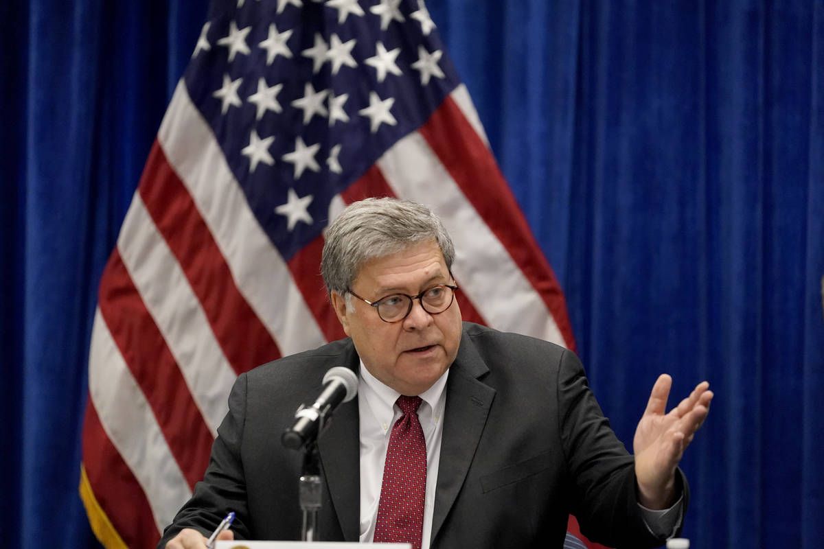 FILE - In this Oct. 15, 2020, file photo U.S. Attorney General William Barr speaks during a rou ...