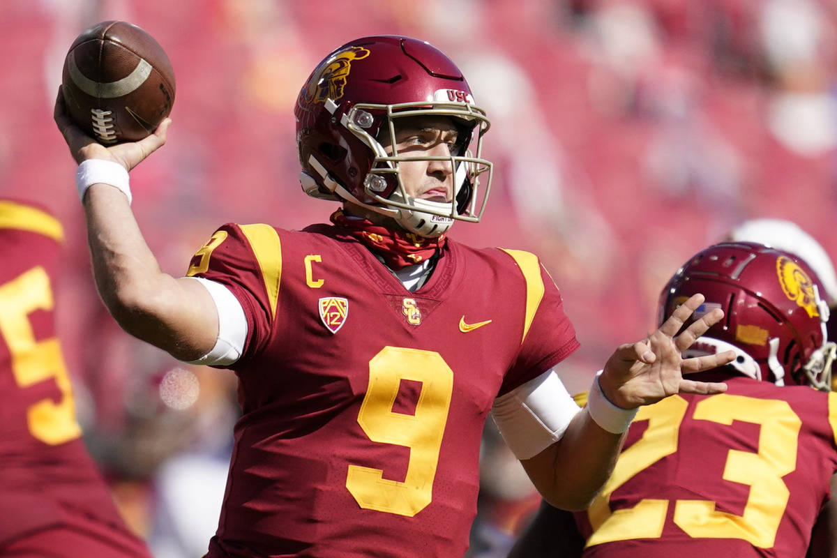 Southern California quarterback Kedon Slovis (9) throws a pass during the second half of an NCA ...