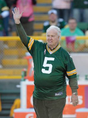 FILE - In this Oct. 2, 2011 file photo, former Green Bay Packer Paul Hornung waves to the crowd ...