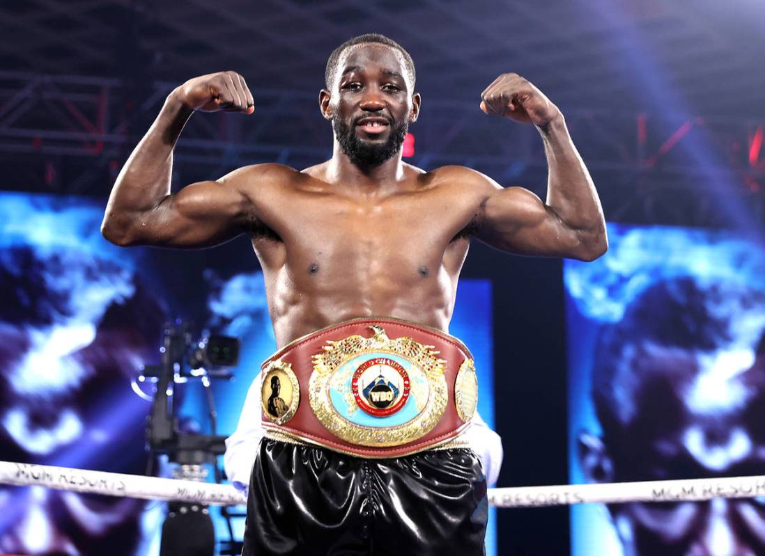 Terence “Bud” Crawford celebrates after his knockout of Kell Brook in their title fight Sat ...