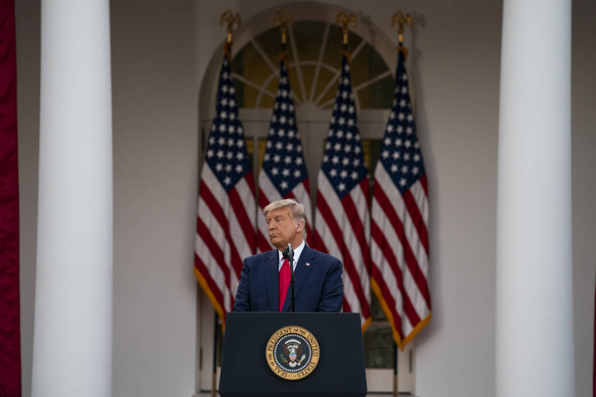 President Donald Trump speaks in the Rose Garden of the White House, Friday, Nov. 13, 2020, in ...