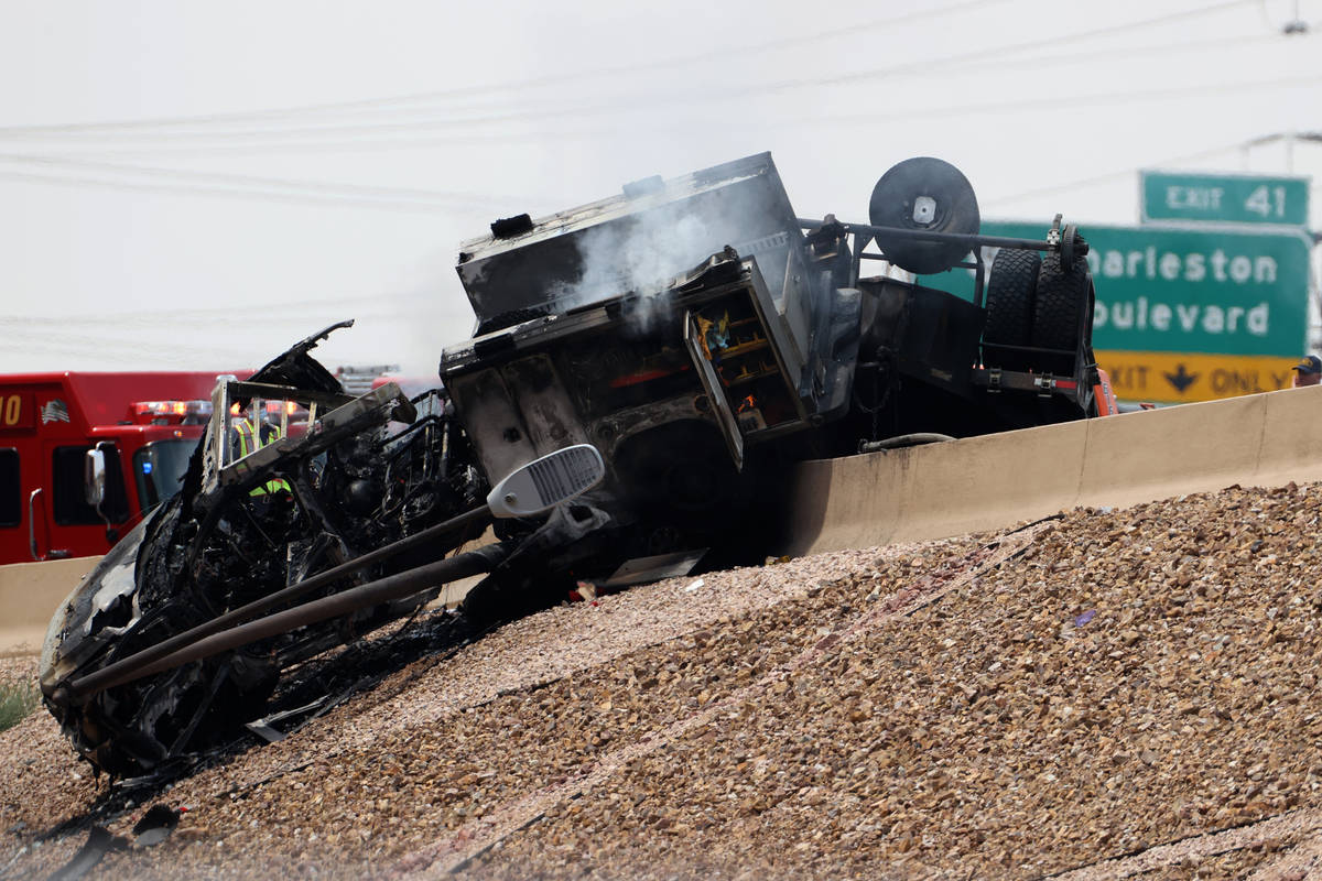 A vehicle fire on I-15 North near the Martin Luther King Boulevard in Las Vegas, Thursday, Aug. ...