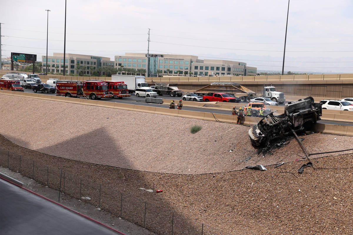 A vehicle fire on I-15 North near the Martin Luther King Boulevard in Las Vegas, Thursday, Aug. ...