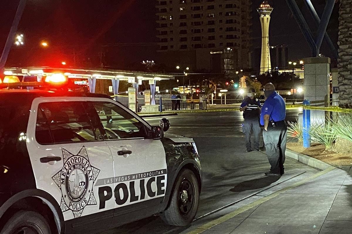 Police investigate a stabbing at the Bonneville Transit Center in downtown Las Vegas on Thursda ...