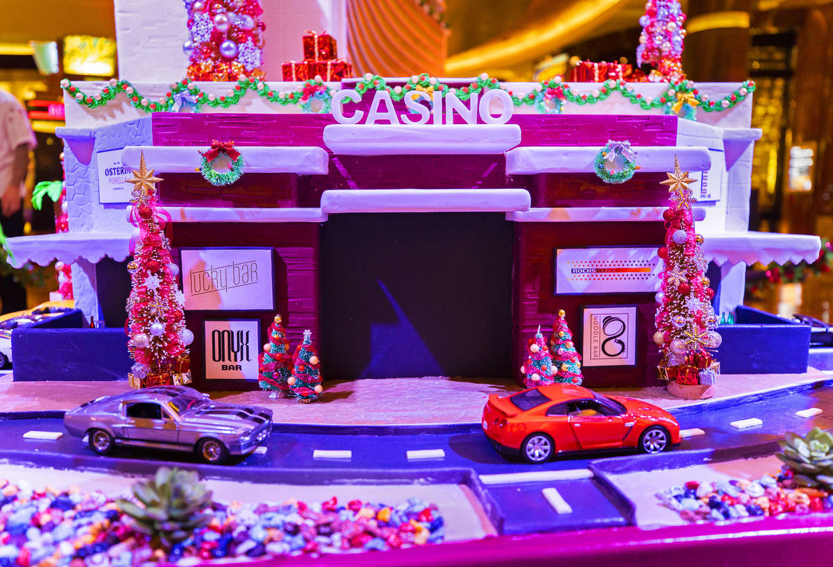 The front entrance of a scale model of Red Rock Resort made of gingerbread on Monday, Nov. 23, ...